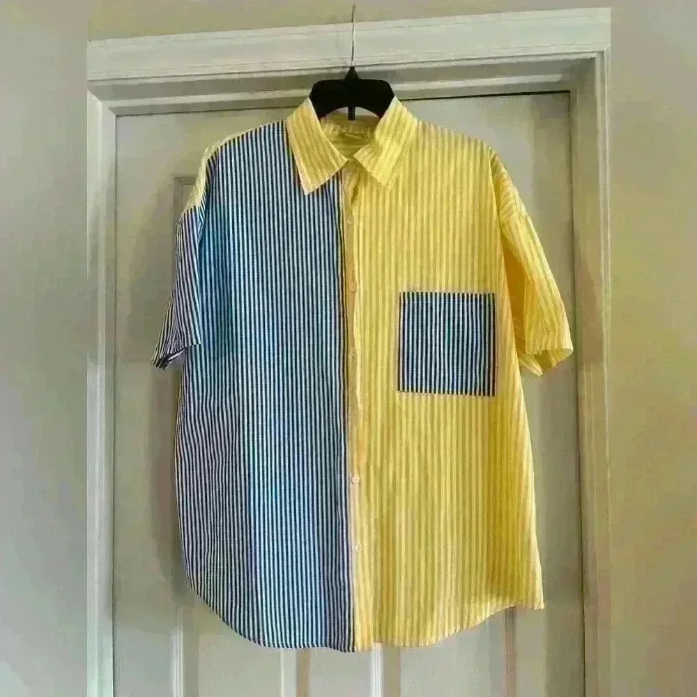 Daisy brand, stripped block pattern polo collar shirt, yellow/Blue,XL NWOT - Picture 1 of 5